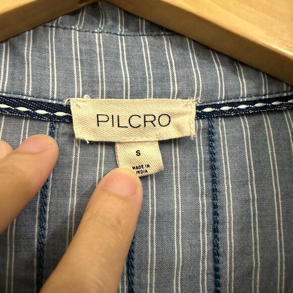 PILCRO ANTHROPOLOGIE Flowy Shirt Dress Blue Pinstriped Puff Sleeve - Picture 8 of 12